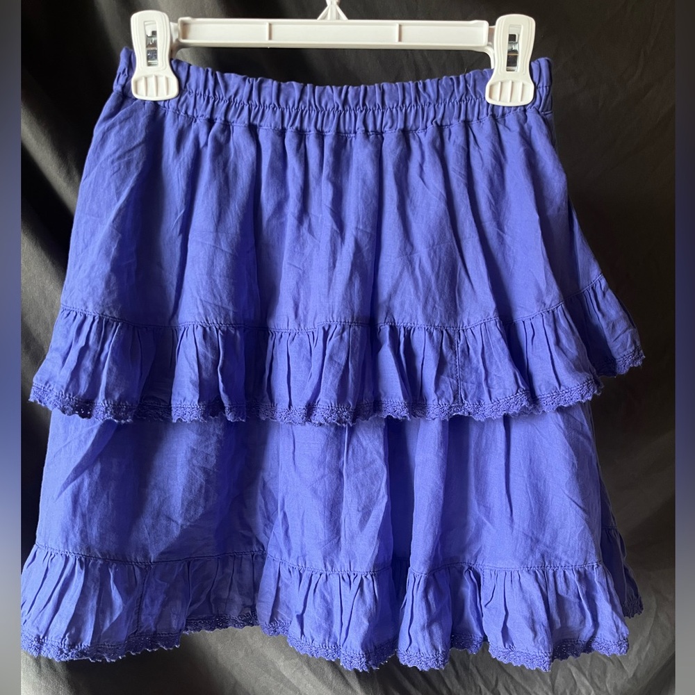DEVOTION TWINS Size Small Blue Tiered Mini Skirt Ruffled Lace Trim Stretch Boho